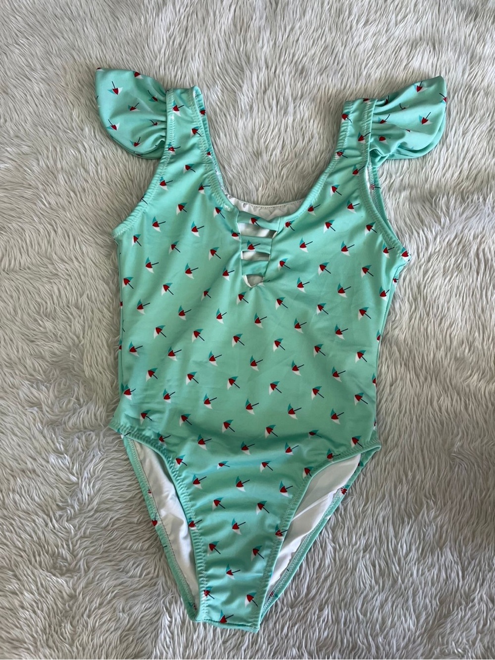 Women’s Mint Green One-Piece Swimsuit with Tiny Red Umbrella Print NWT SMALL